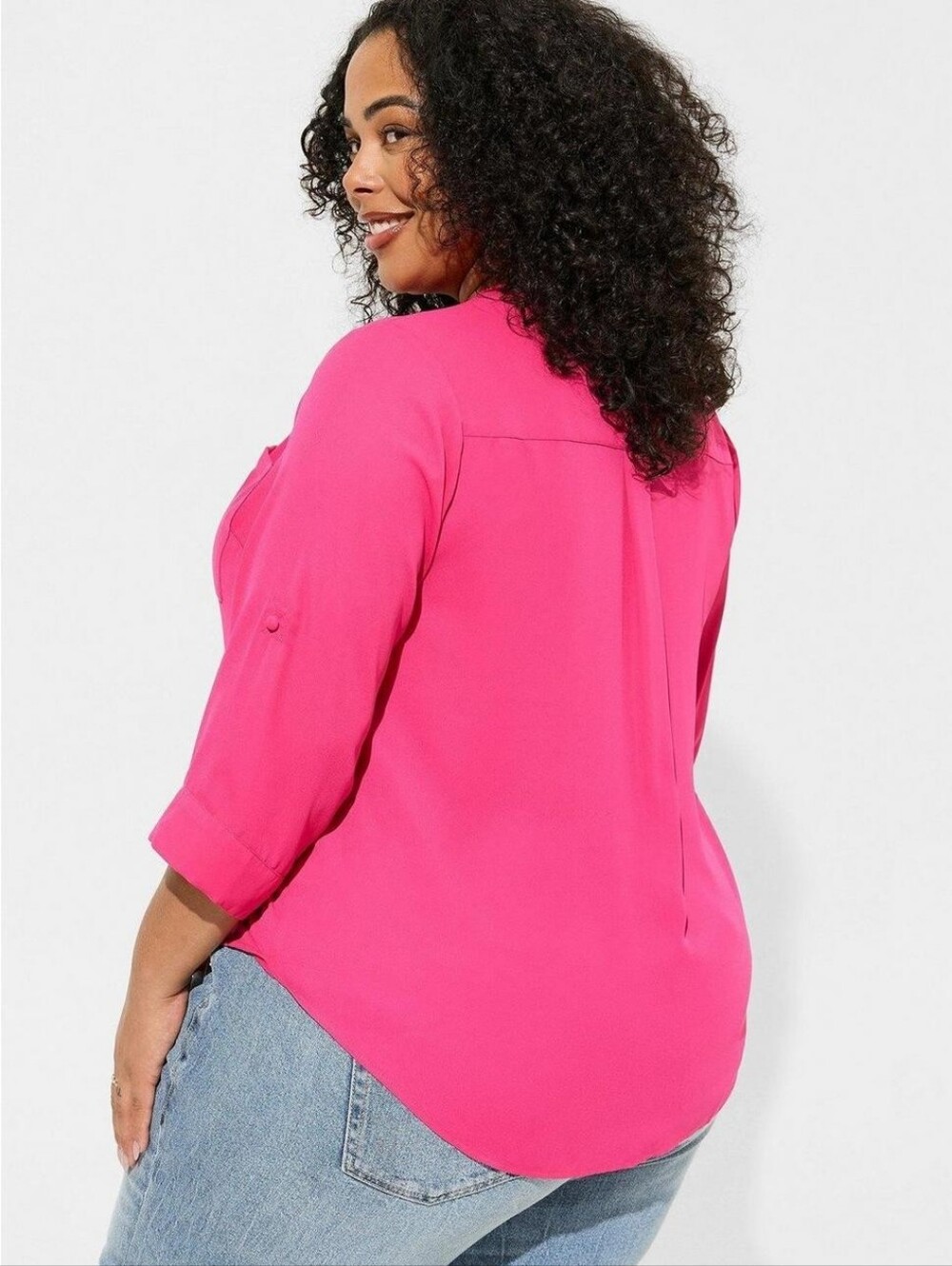 torrid V-Neck Roll-Sleeve Harper Blouse in Hot Pink - Picture 2 of 8